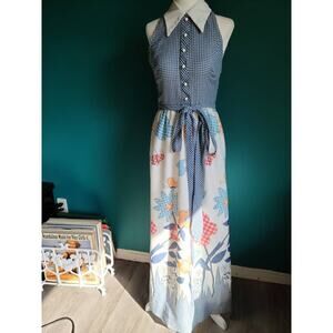 Womens Vintage Size XS Maxi Dress Novelty Print Gingham 60s 70s Boho Hippie